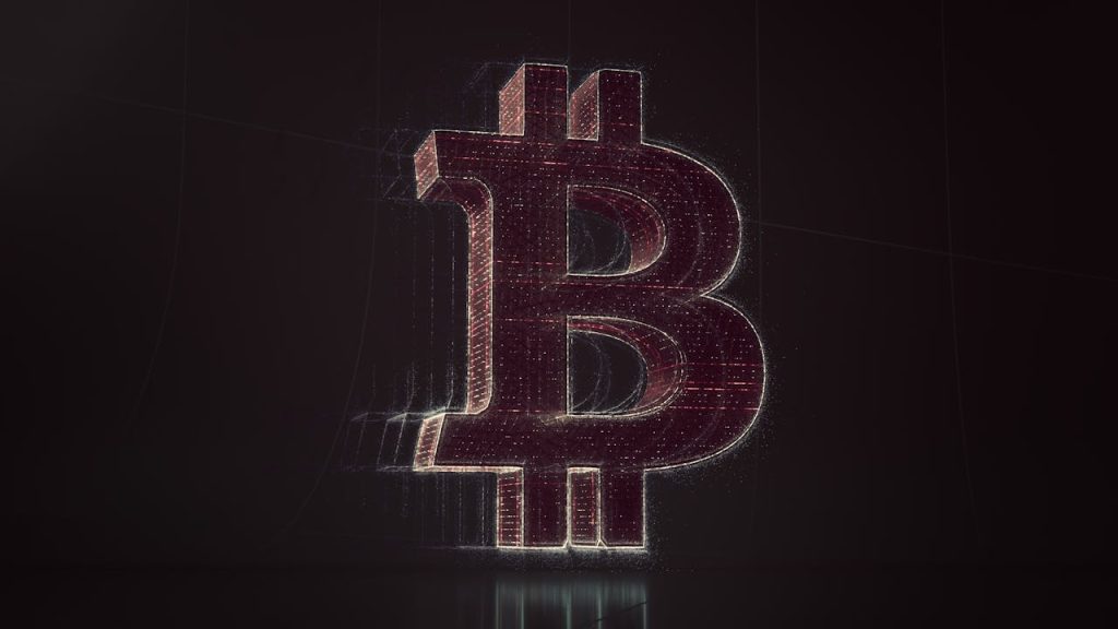 3D depiction of the Bitcoin symbol with a digital, futuristic glow.